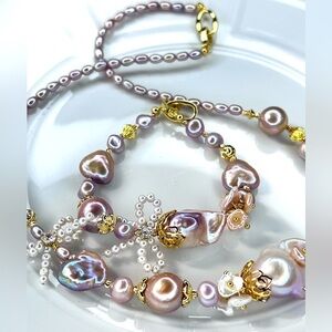 😍 Handmade Freshwater Edison Heart ❤️ Flameball Pink Pearl Necklace Bracelet Set
